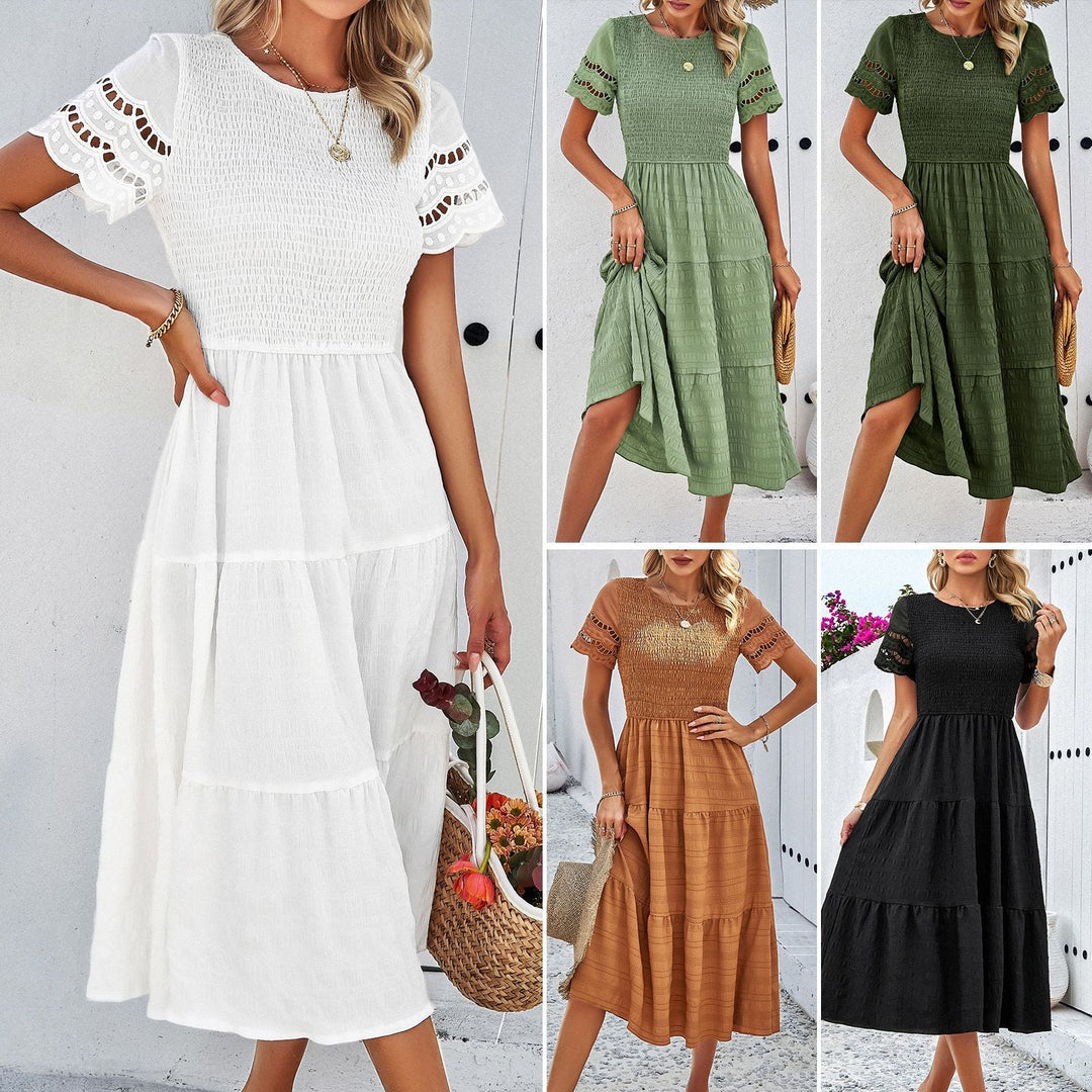 Damen Midikleid mit Puffärmeln und Elastischem Oberteil EB