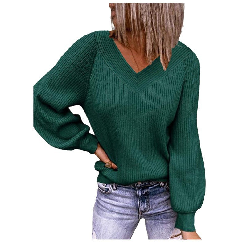 Damen Strickpullover mit V-Ausschnitt und Ballonärmeln EB