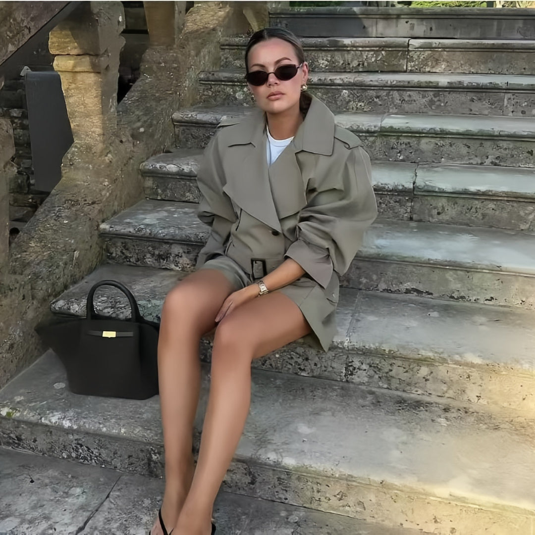 Damen Modische Trenchcoat-Jacke mit voluminösen Ärmeln und Gürtel EB