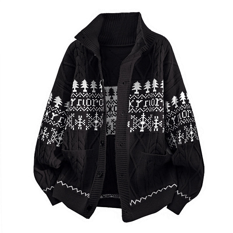 Damen nan gestrickter Norweger-Cardigan mit Stehkragen, Zopfmuster und aufgesetzten Taschen EB
