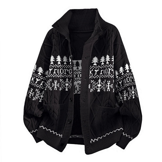 Damen nan gestrickter Norweger-Cardigan mit Stehkragen, Zopfmuster und aufgesetzten Taschen EB