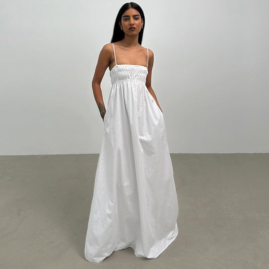 Damen Maxi-Kleid mit gerafftem Oberteil und seitlichen Taschen EB