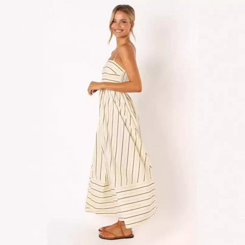 Damen Maxikleid mit feinen Streifen und elastischem Taillenbund EB