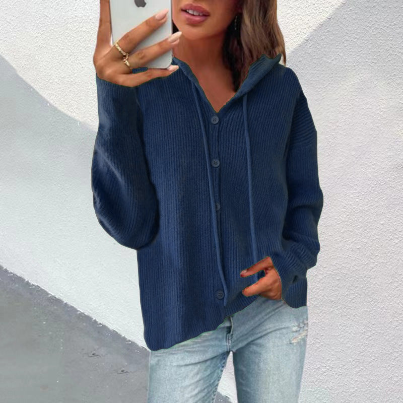 Damen Strickjacke mit Kapuze und Knopfleiste EB