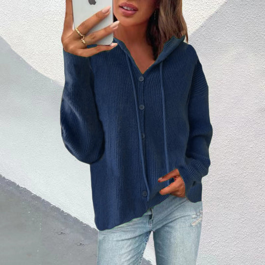 Damen Strickjacke mit Kapuze und Knopfleiste EB