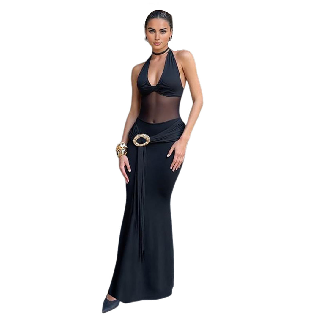 Damen Maxikleid mit durchscheinendem Oberteil und dekorativem Gürtel EB