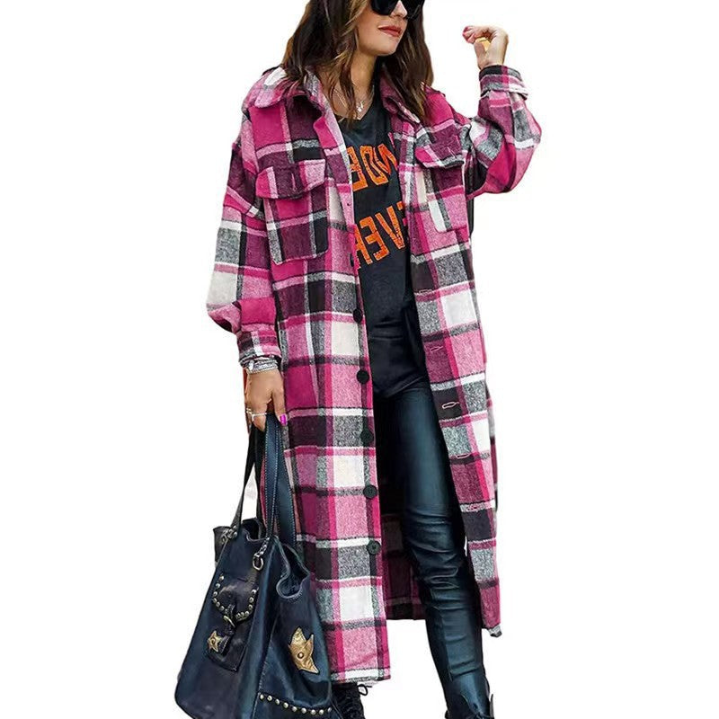 Damen Langarm-Wolljacke mit Karomuster und praktischen Taschen EB