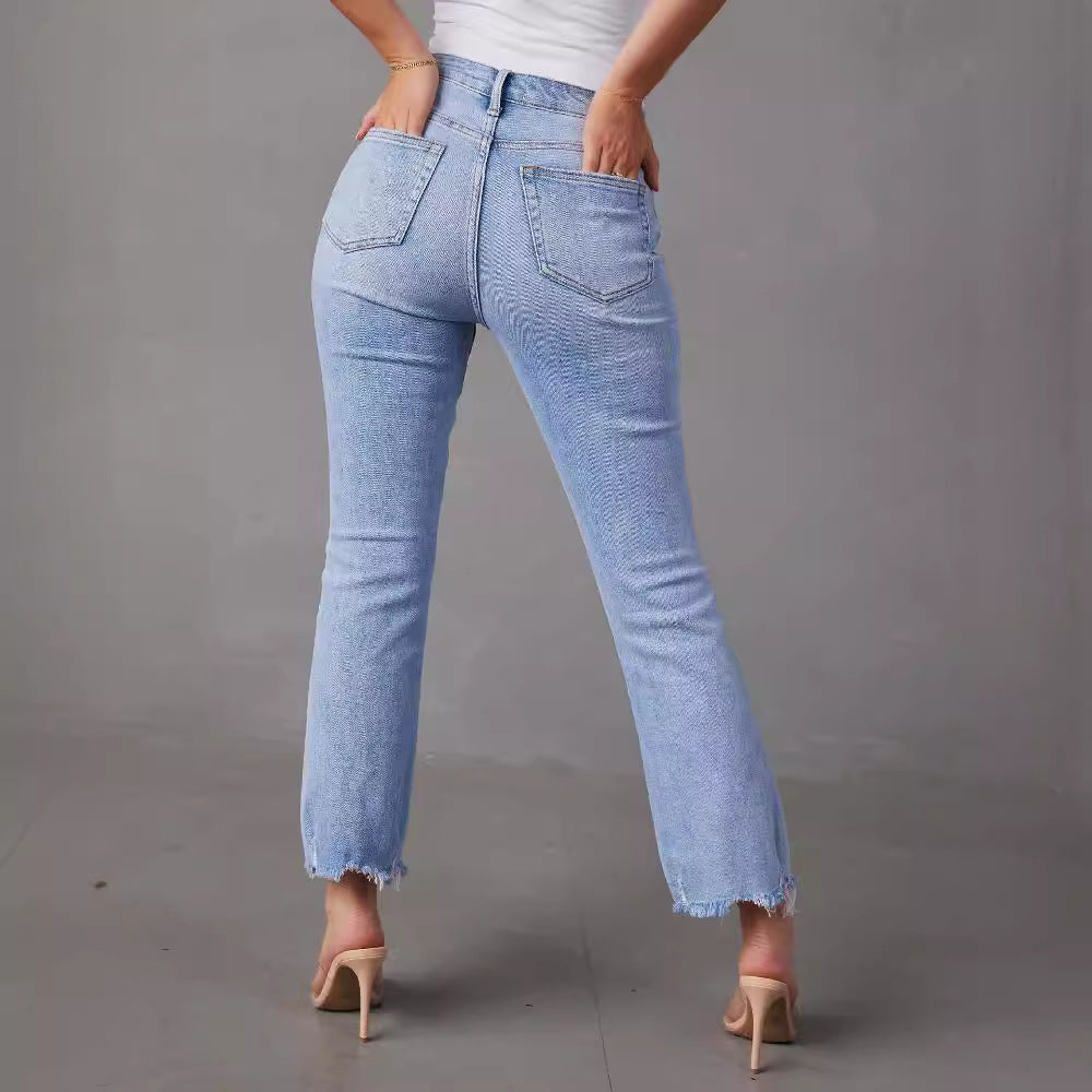 Damen High-Waist Jeans mit trendy Fransen und distressed Details EB