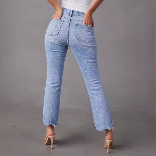 Damen High-Waist Jeans mit trendy Fransen und distressed Details EB