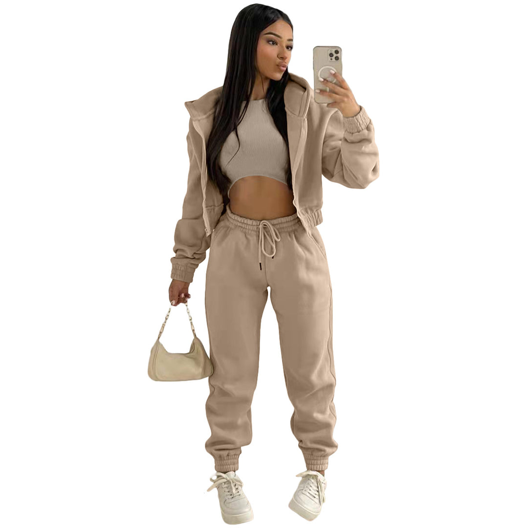 Damen stylischer Sportanzug mit lässiger Kapuzenjacke und elastischen Bundelementen EB