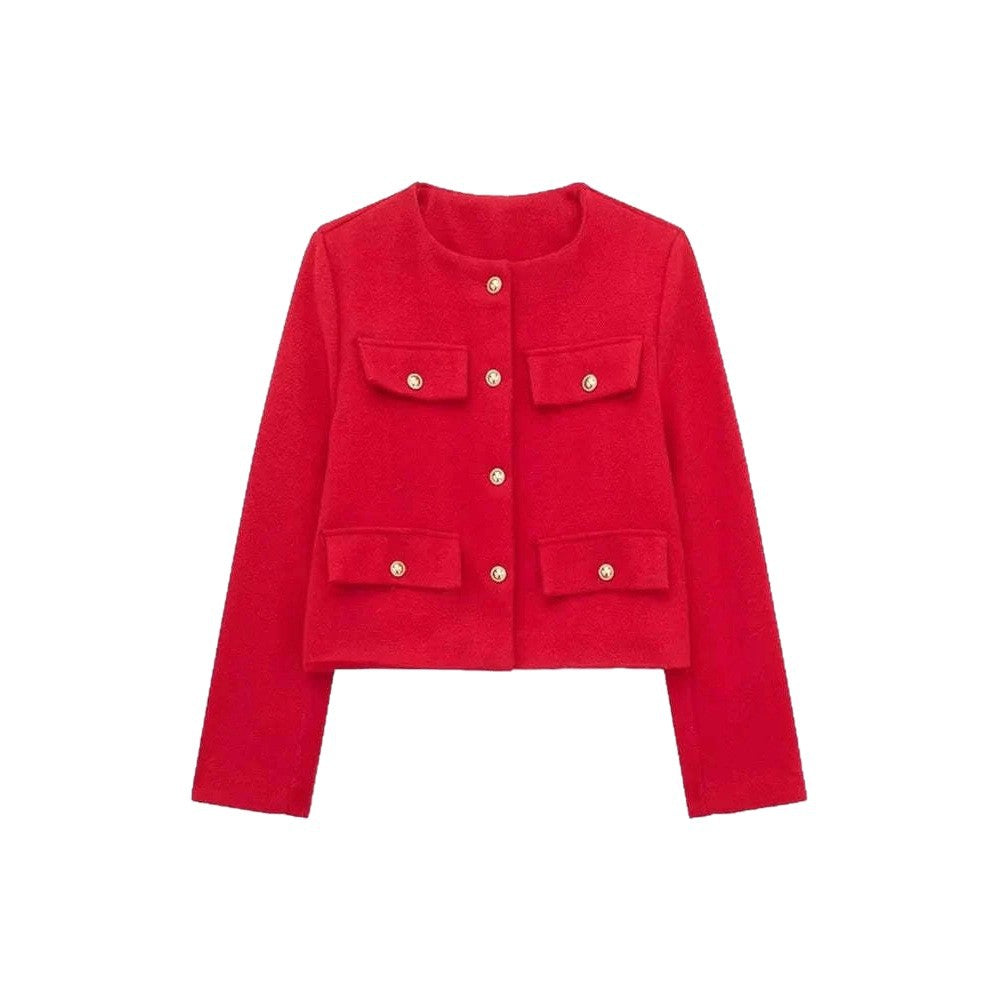Damen Kurzjacke im Bouclé-Style mit Rundhalsausschnitt, Zierknöpfen und aufgesetzten Pattentaschen EB