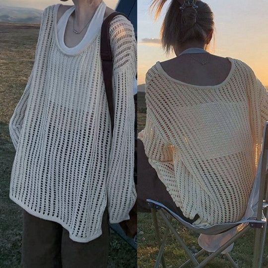 Damen luftiger Strickpullover mit weitem Schnitt und dezentem Lochmuster EB