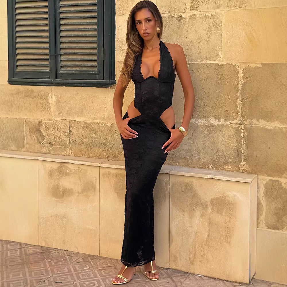 Damen Langes Spitzenkleid mit sexy Ausschnitten und raffinierten Details EB
