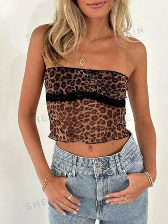 Damen Bandeau-Top mit trendigem Leopardenmuster und zarter Spitzenkante EB