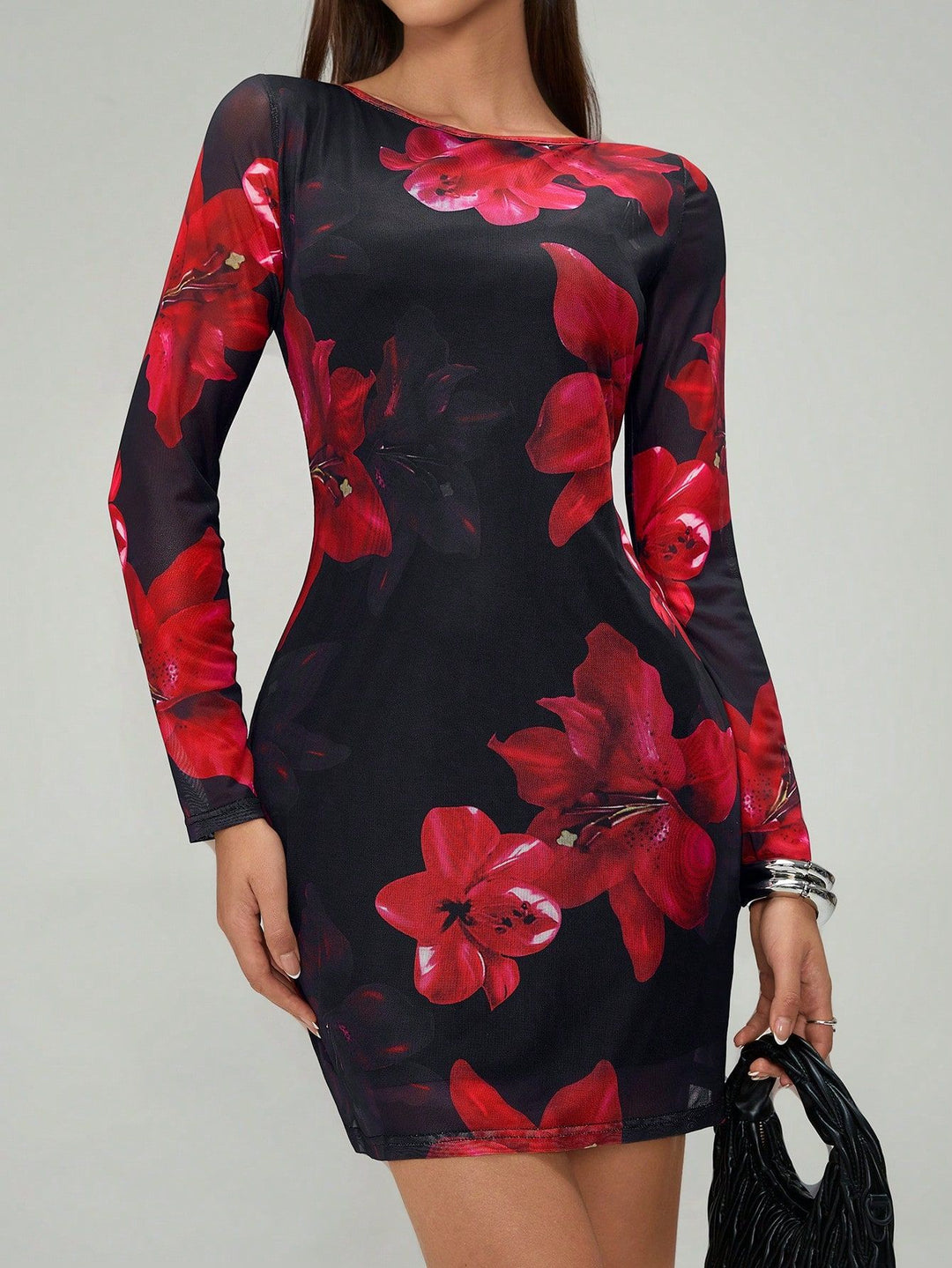 Damen Kleid mit langem Arm und floralem Design EB
