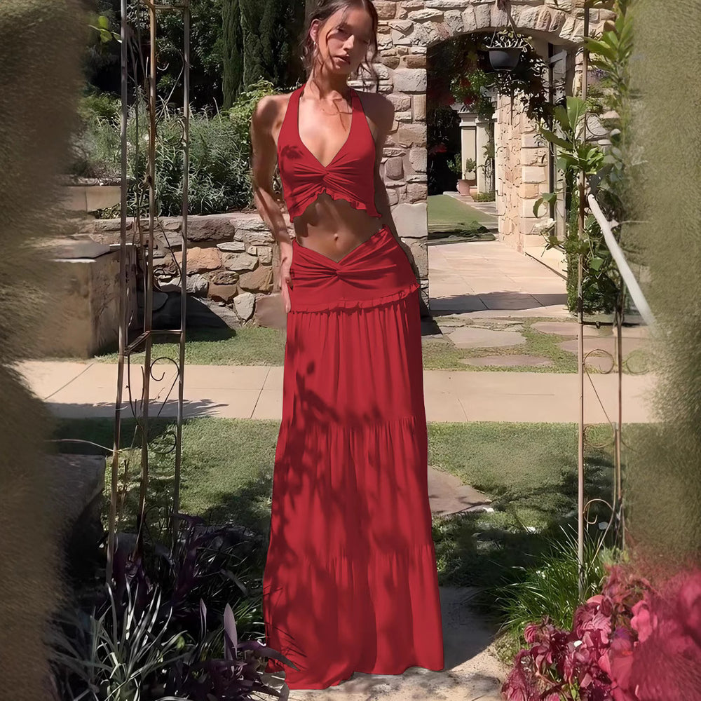 Damen Elegantes Two-Piece Maxi-Outfit mit raffiniertem Wickeldesign EB