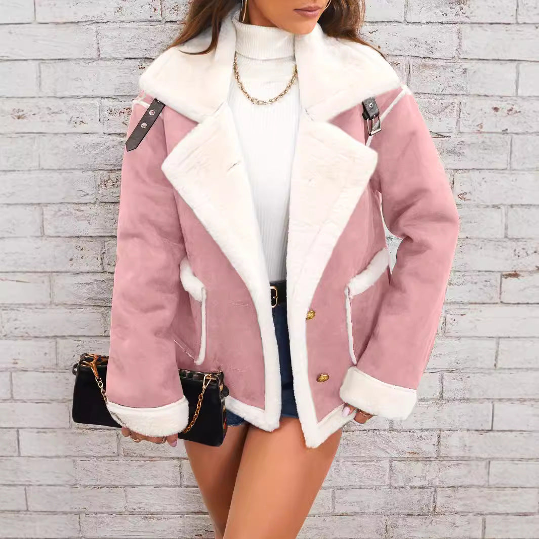 Damen nan kurz geschnittene Lammfelloptik Fliegerjacke EB