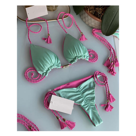 Damen Triangel-Bikini mit modischem Leopardenmuster und dekorativen Quasten EB