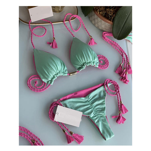 Damen Triangel-Bikini mit modischem Leopardenmuster und dekorativen Quasten EB