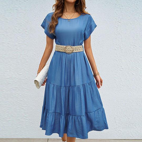 Damen lässiges Midi-Kleid mit voluminösem Rock und lockerer Passform EB