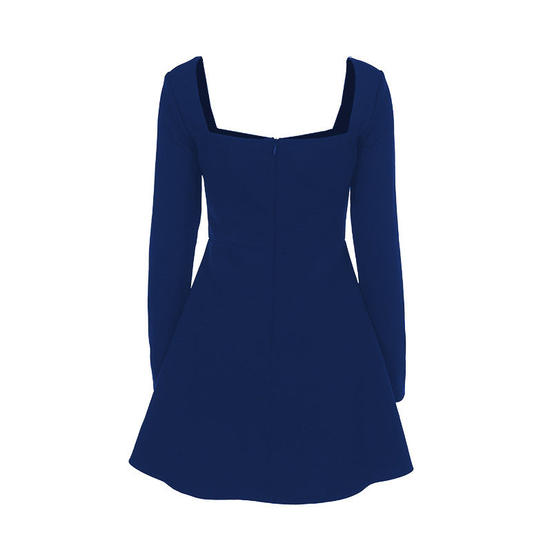 Damen tailliertes Skater-Minikleid mit quadratischem Ausschnitt und langen Ärmeln EB