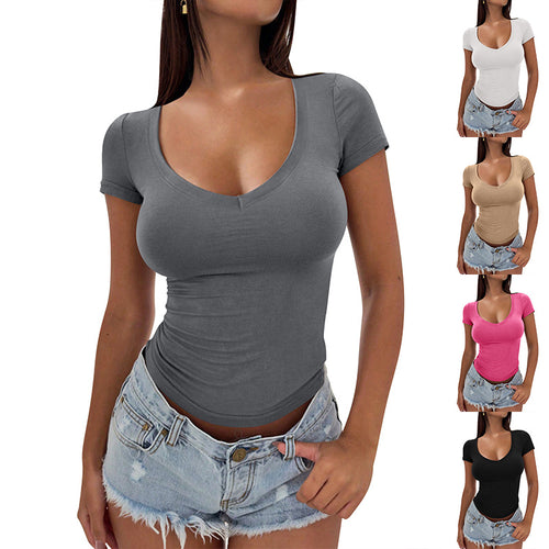 Damen figurbetontes V-Ausschnitt T-Shirt aus weichem Stretchmaterial EB