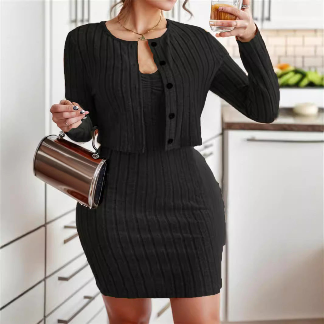 Damen Modisches Strickkleid mit tailliertem Schnitt und offener Cardigan-Optik EB