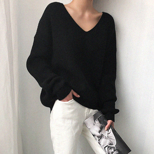 Damen Strickpullover mit V-Ausschnitt und lässigem Schnitt EB