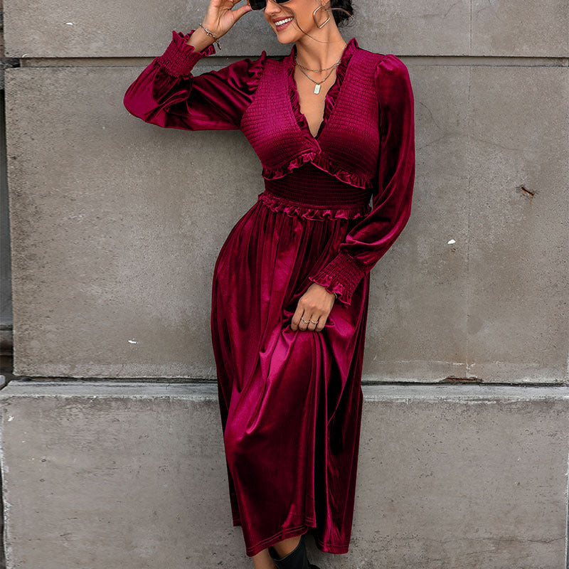 Damen elegantes Langarm-Wickelkleid mit Rüschendetails und hohem Rücken EB