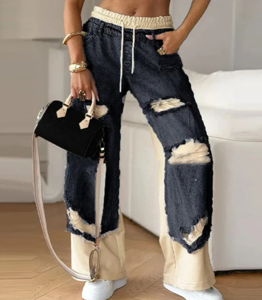 Damen nan weite Patchwork-Jeans mit elastischem Tunnelzugbund, Destroy-Look und kontrastierenden Sweat-Einsätzen EB