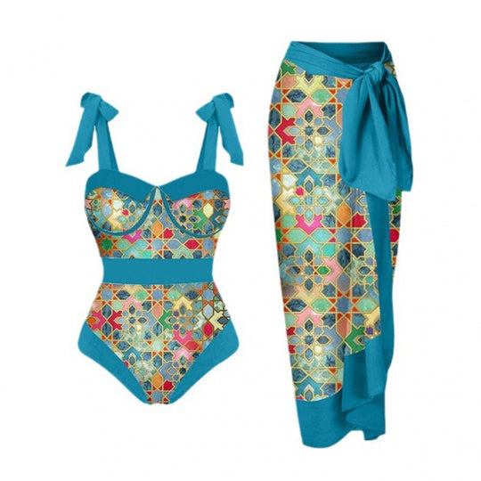 Damen Einteiler Badeanzug mit elegantem Wickelrock und modischen Riemen EB