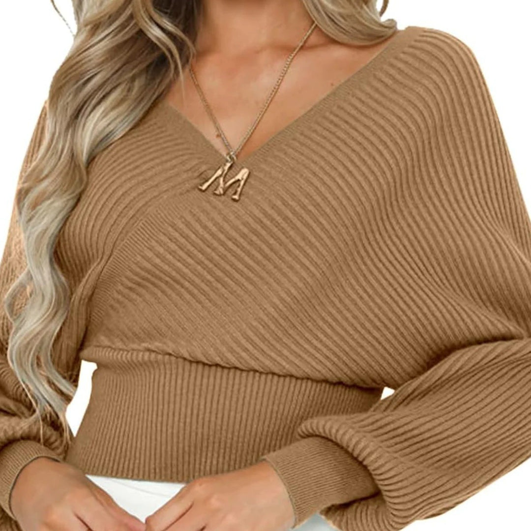 Damen nan gestrickter Off-Shoulder Cropped-Pullover mit Wickeloptik und Ballonärmeln EB