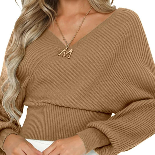 Damen nan gestrickter Off-Shoulder Cropped-Pullover mit Wickeloptik und Ballonärmeln EB