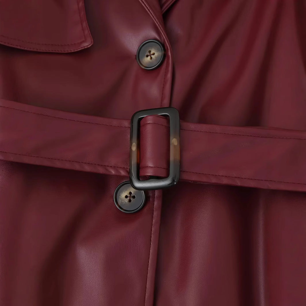 Damen eleganter Kunstleder-Trenchcoat mit Gürtel EB