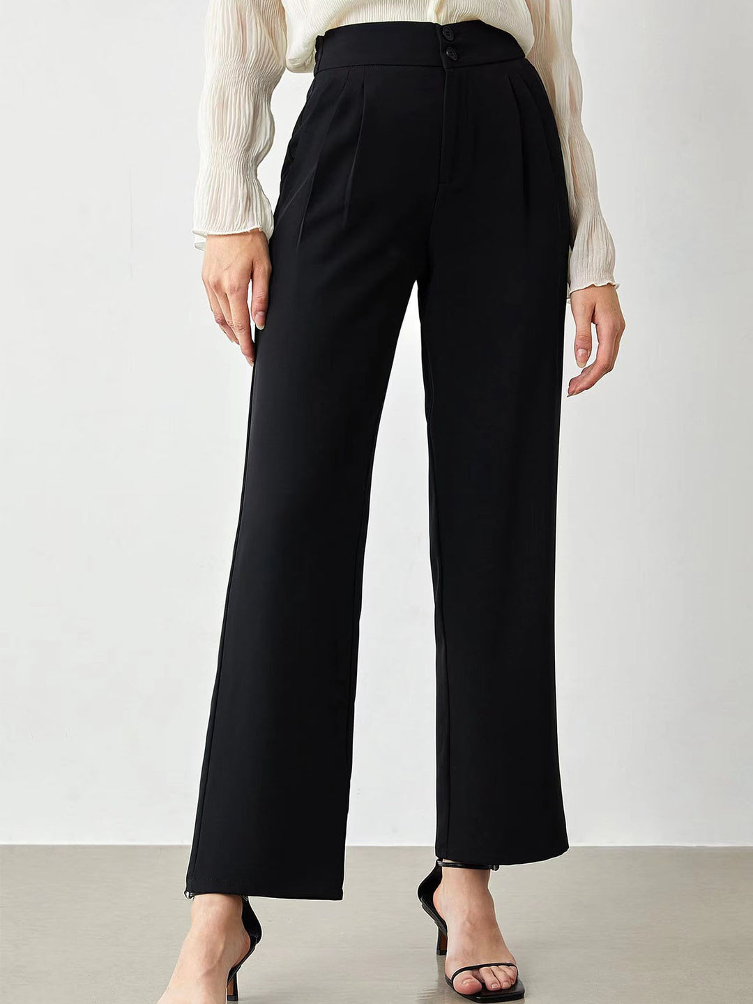 Damen elegante weite Stoffhose mit Bundfalten und hohem Taillenbündchen EB