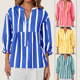 Damen oversize Bluse mit Streifenmuster und Knopfleiste EB