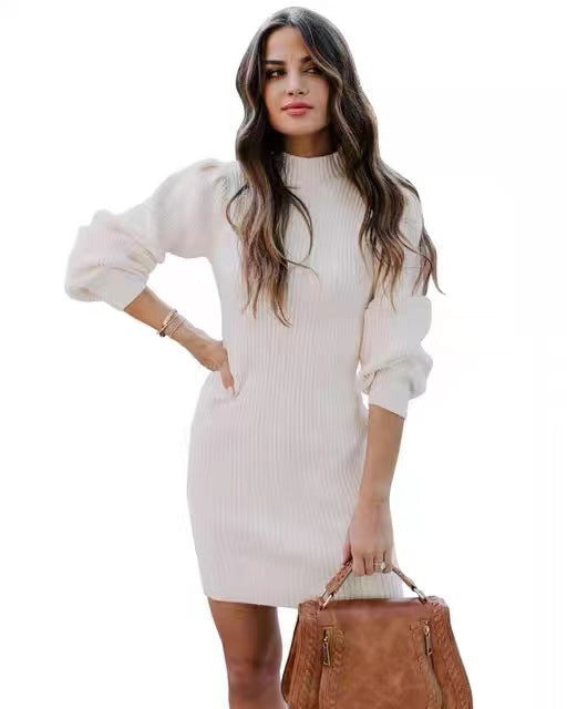 Damen Strickkleid mit hohem Kragen und Puffärmeln EB