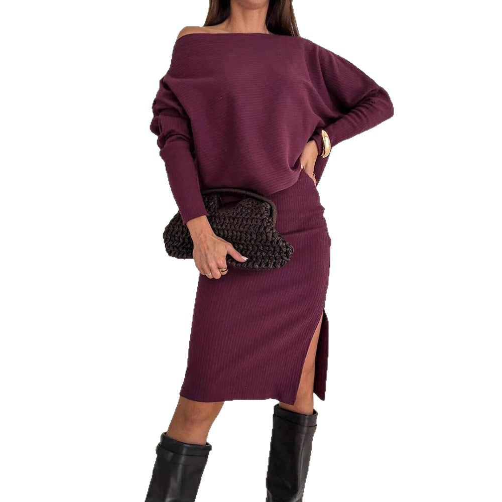 Damen Zweisitiges geripptes Strick-Set mit Off-Shoulder-Oversize-Pullover und tailliertem Midirock mit Seitenschlitz EB