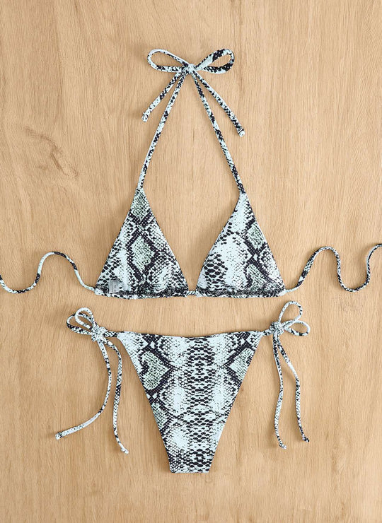 Damen Triangel-Bikini mit Schlangenprint und verstellbaren Trägern EB