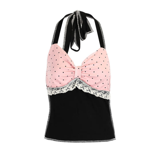 Damen Haltertop mit romantischem Spitzendetail und elegantem Polka-Dot-Muster EB