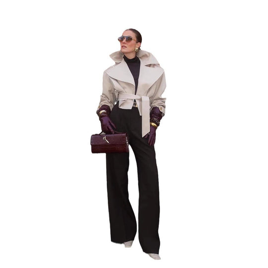 Damen stylischer Trenchcoat mit breitem Kragen und Gürteldetails EB