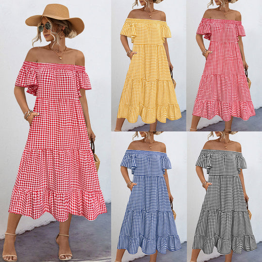 Damen Off-Shoulder Maxikleid mit raffinierten Rüschendetails und lockerer A-Linien-Silhouette EB