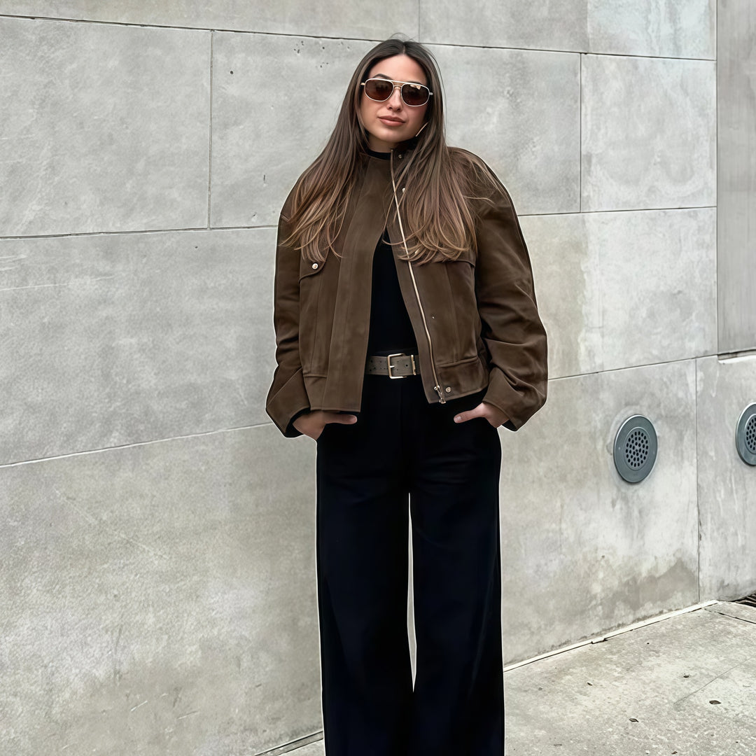 Damen Elegante Kunstlederjacke mit modernem Stehkragen EB