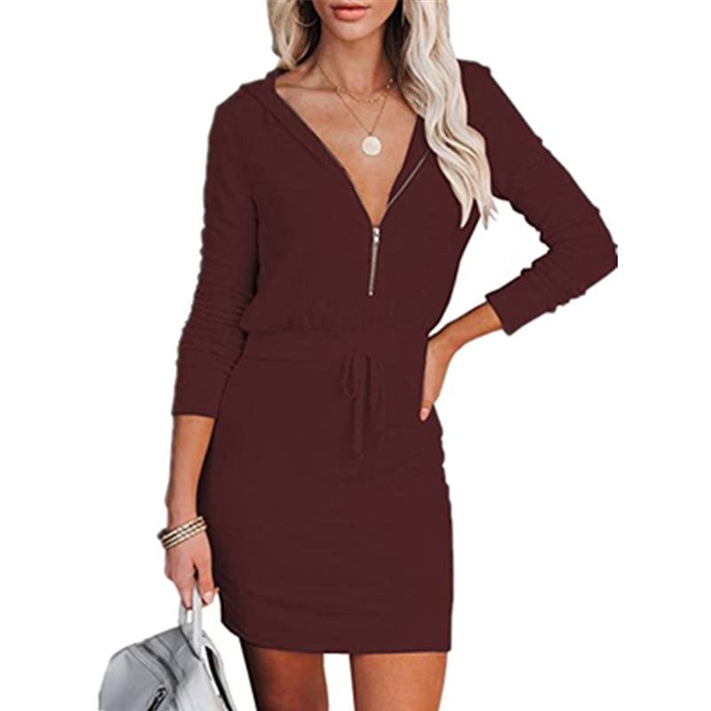 Damen lässiges Mini-Kleid mit Kapuze und Reißverschluss EB