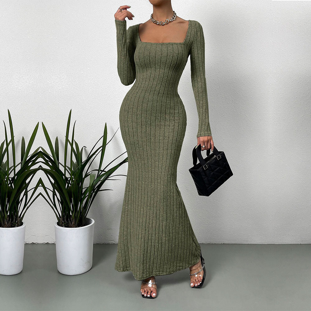 Damen geripptes Sculpting-Maxikleid mit Quadratausschnitt und taillierter Meerjungfrauen‑Silhouette Eichborn Berlin