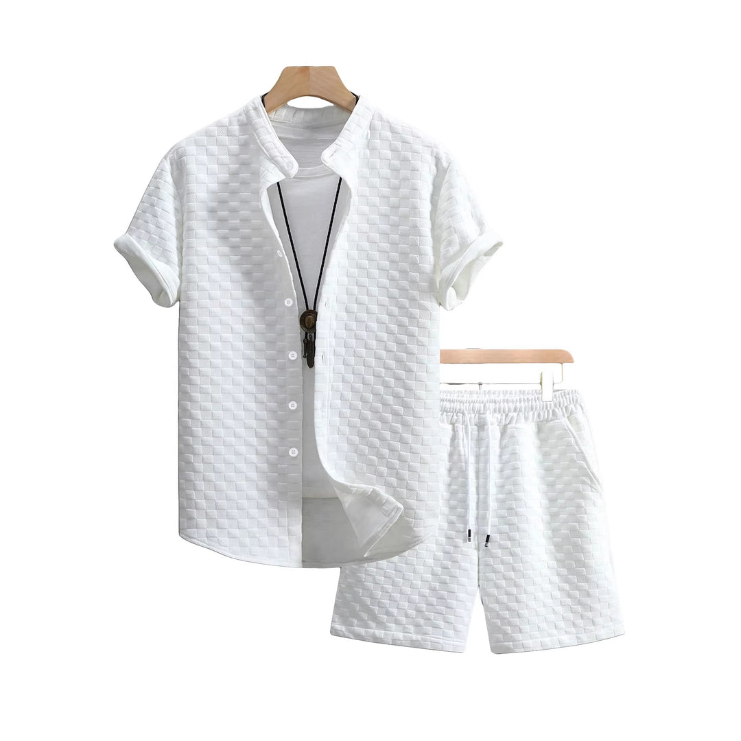 Herren nan zweiteiliges Sommerensemble mit Stehkragen-Hemdjacke und elastischen Komfort-Shorts in geprägter Karo-Textur EB