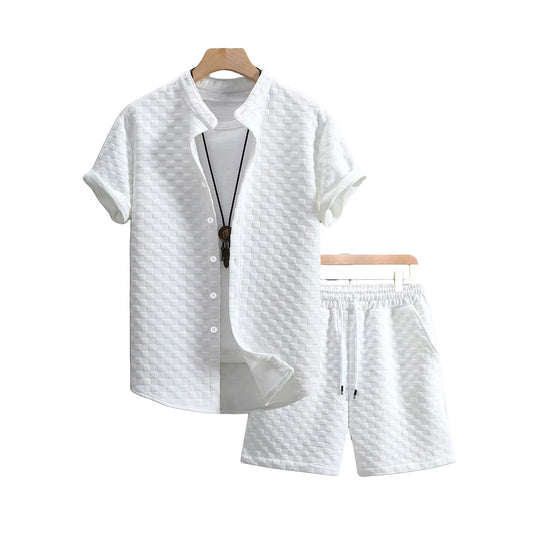 Herren nan zweiteiliges Sommerensemble mit Stehkragen-Hemdjacke und elastischen Komfort-Shorts in geprägter Karo-Textur EB