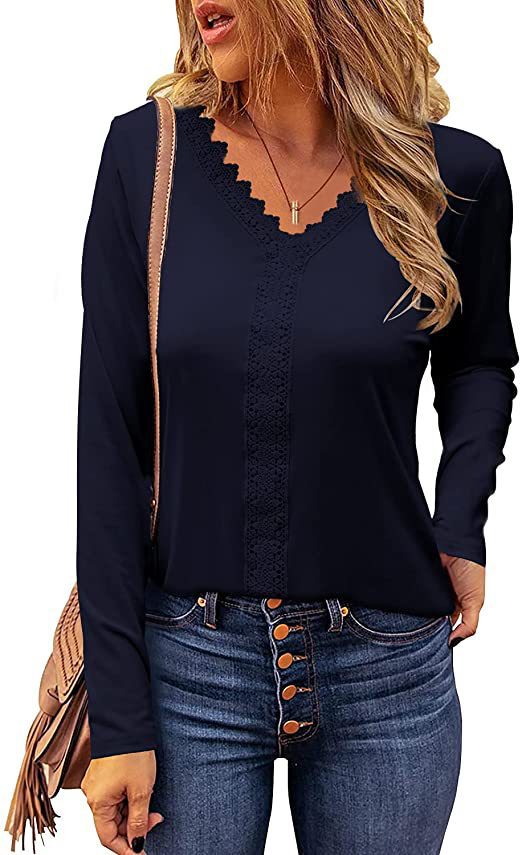 Damen elegantes V-Ausschnitt Longsleeve-Shirt mit Spitzenbesatz EB