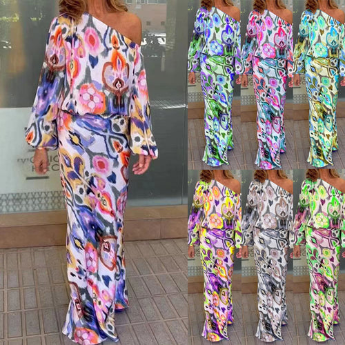 Damen Elegantes Maxikleid im grafischen Batikdesign mit Off-Shoulder-Ausschnitt und voluminösen Ärmeln EB