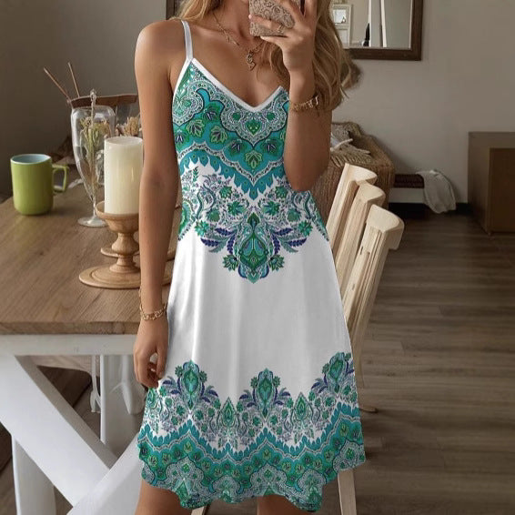 Damen Spaghetti-Träger Kleid mit stilvollem Paisleymuster und A-Linien Schnitt EB